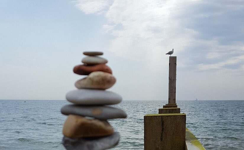 Pebbles and a gull balancing on a sea wall